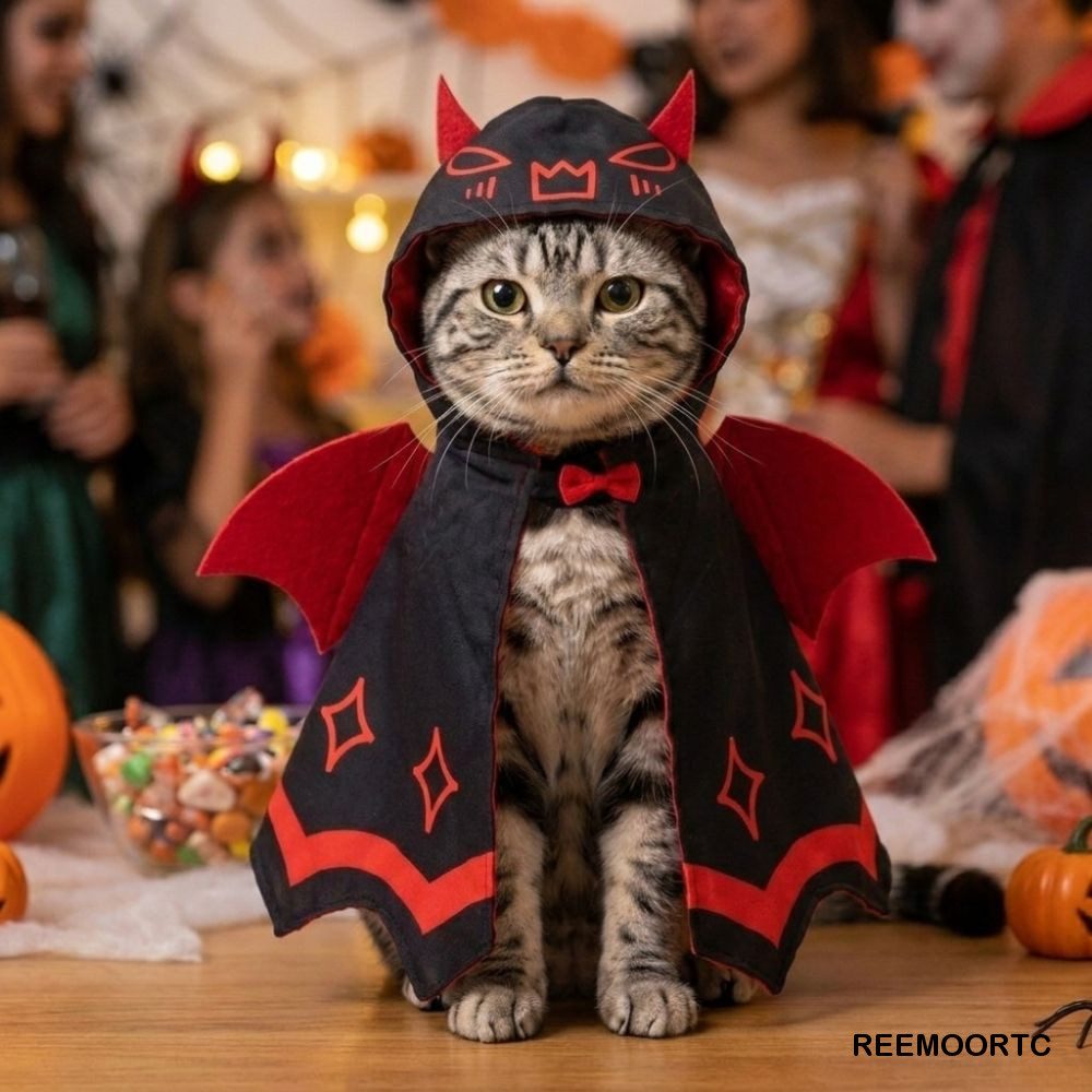 REEMOOR Halloween Cat Devil Bat Cloak, Có thể điều chỉnh đôi Satin Red Wing Devil Pet Cape, Chống ph
