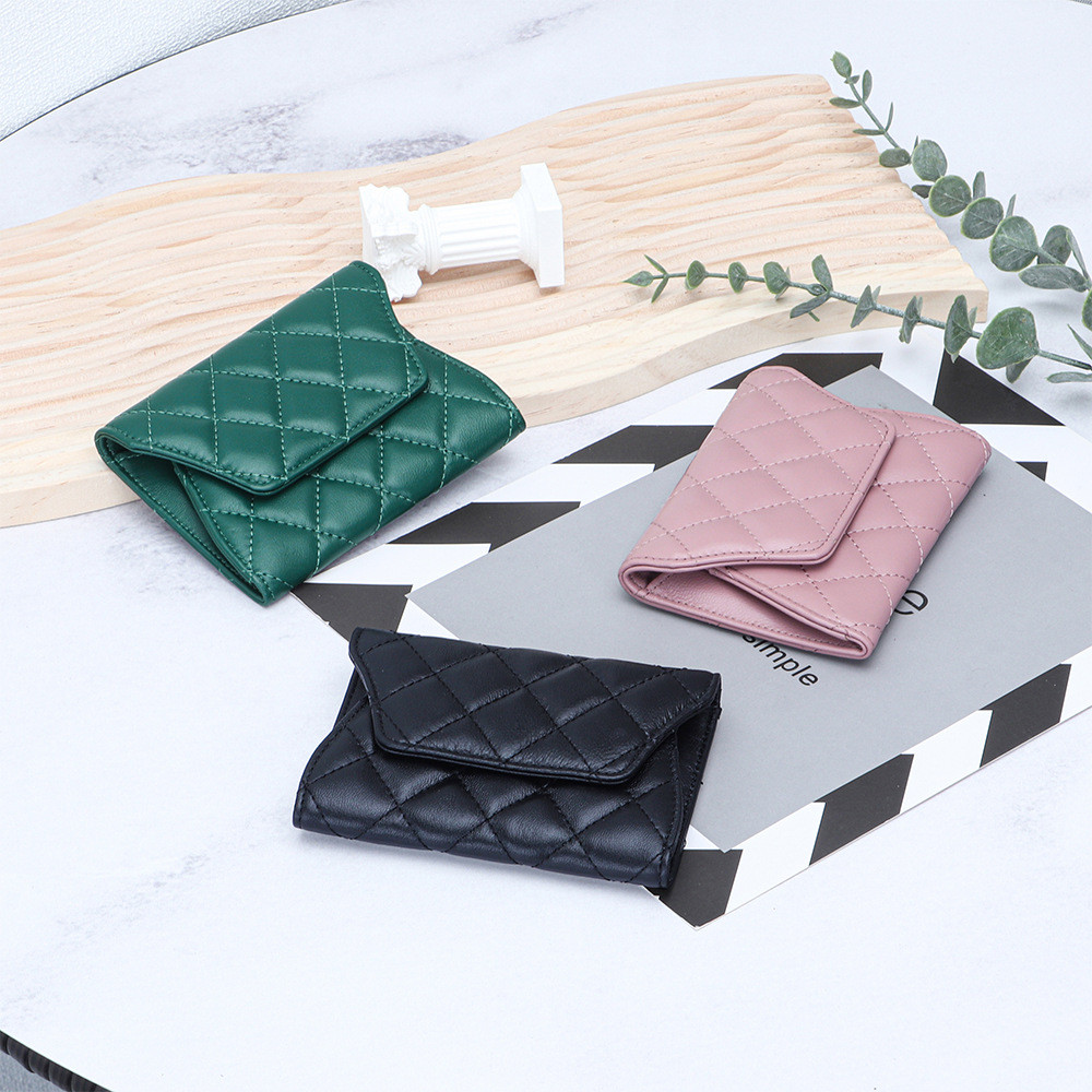 Chính Hãng Da Thật Chính Hãng Ngắn Tiền Xu Nữ 2024 Mới Da Cừu Phong Cách Chanel Kim Cương Mỏng Phong