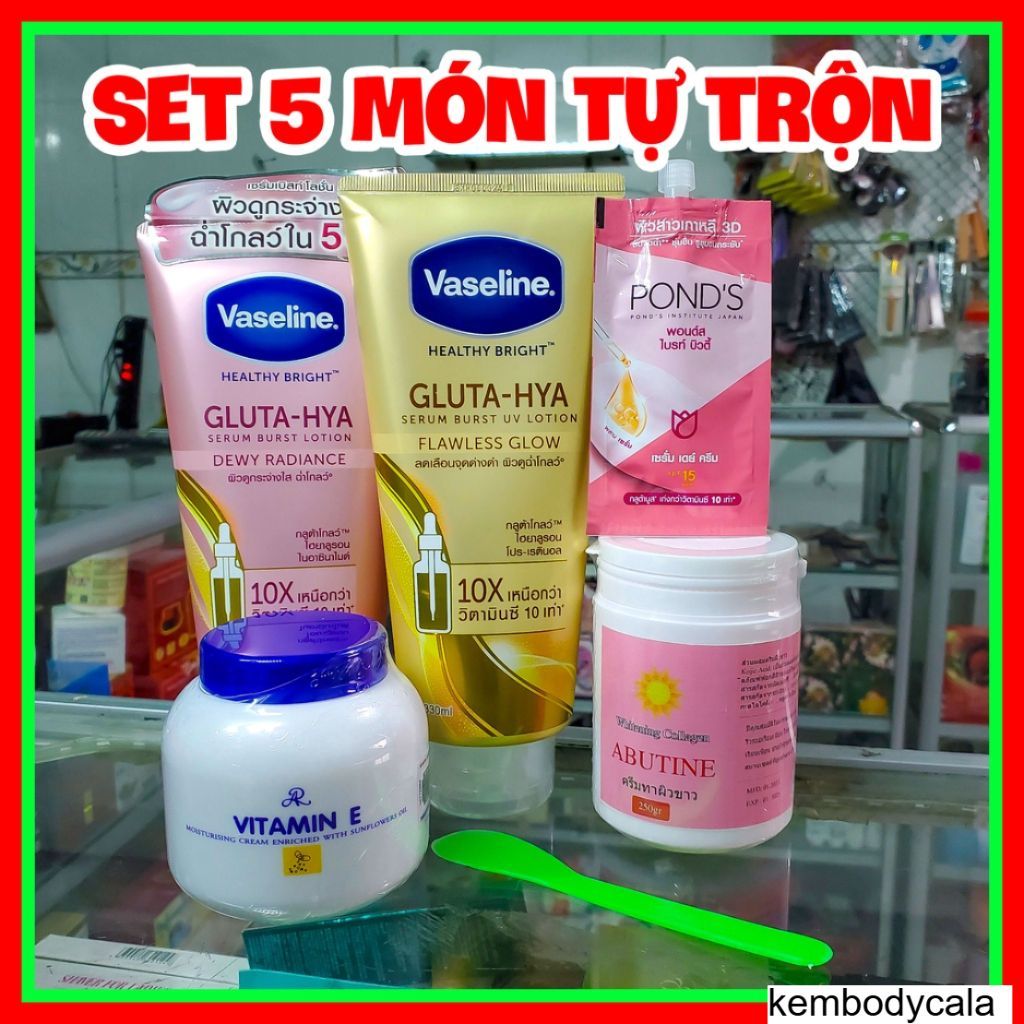 Combo Kem body Vaseline 70X + Abutine Hồng + Vitamin E chính hãng siêu trắng nhanh BODY CALA
