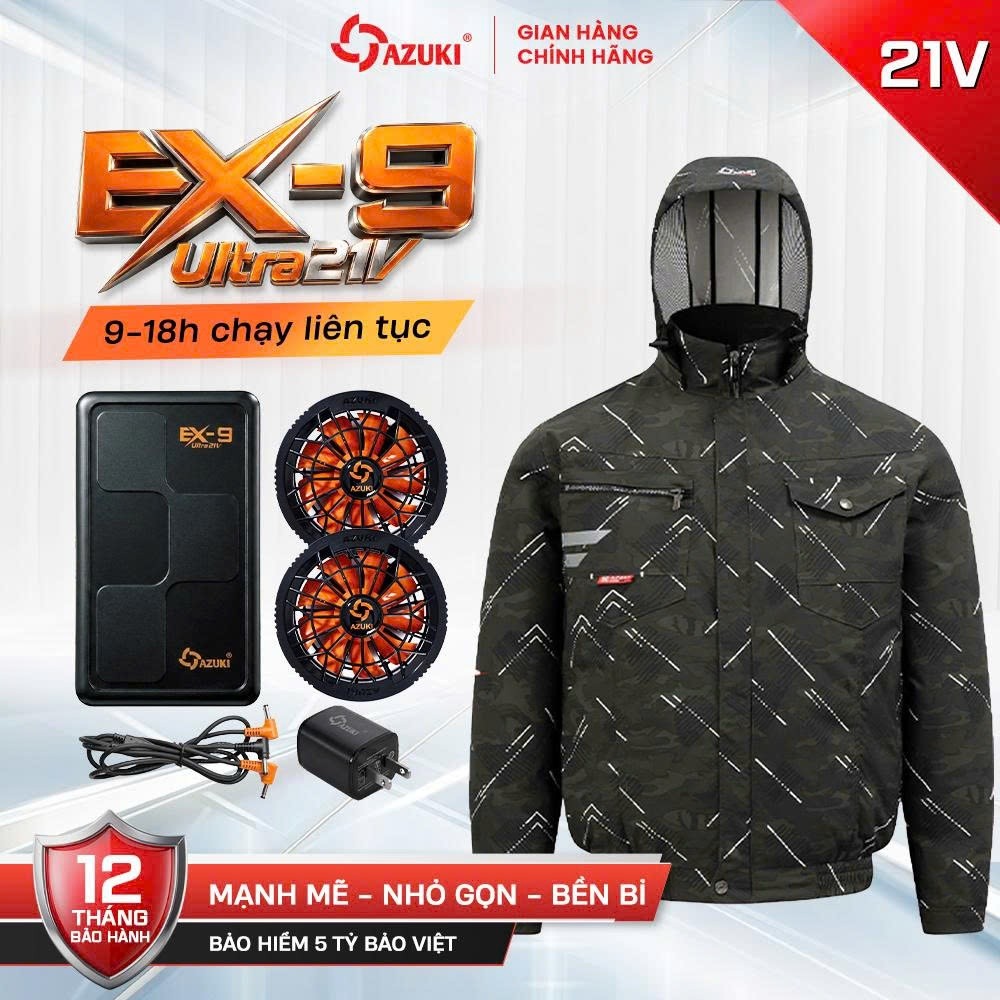 Áo Điều Hòa AZUKI EX9 ULTRA 21V Chính Hãng | Áo Quạt Điều Hòa Pin Siêu Bền, Quạt Mạnh, BH 12 Tháng