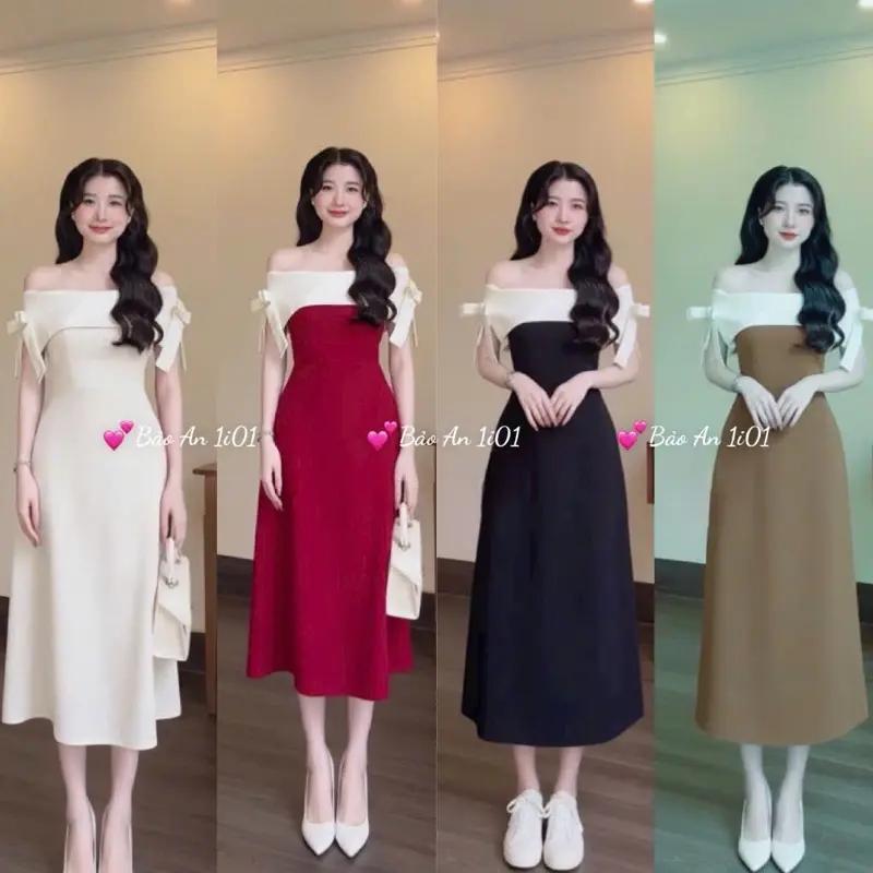 Váy bẹt vai tay nơ xinh yêu rất thời trang chất cotton lạnh 3 màu thanh lịch MeiHouse