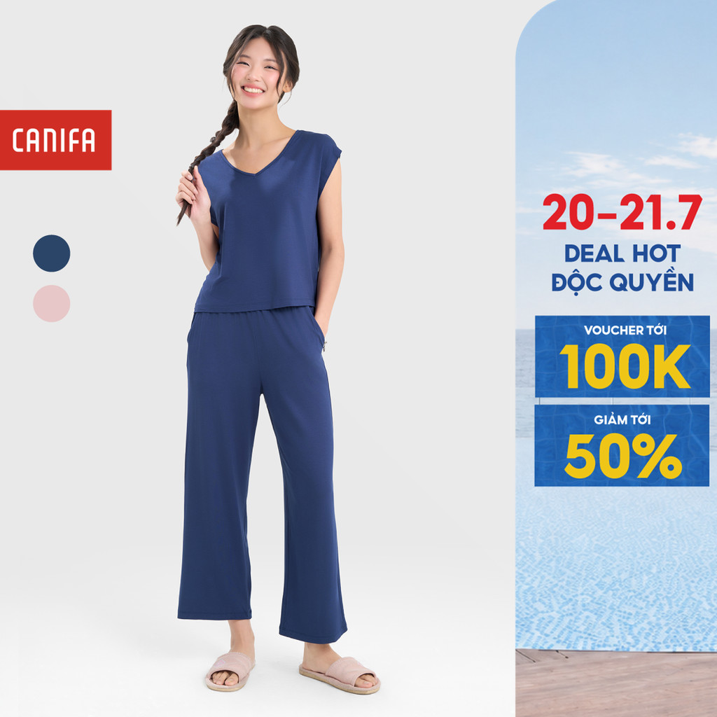 Bộ quần áo nữ CANIFA cổ tim sát nách quần dài 6LS25S008
