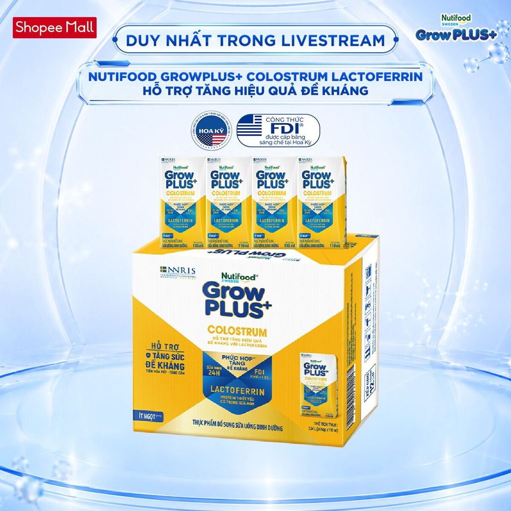 [Livestream KOL] Thùng 24 hộp Sữa bột pha sẵn Nutifood Sweden GrowPLUS+ Colostrum Lactoferrin 110ml