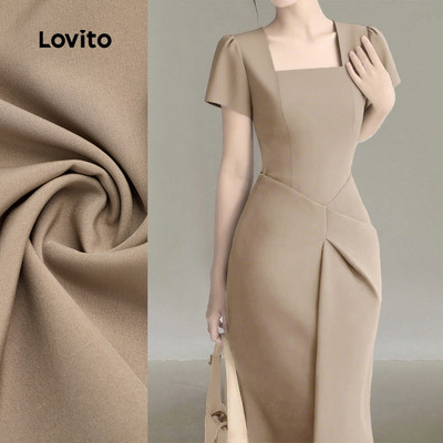 (thanh lịch) Lovito Trang phục Váy Dáng Váy Xếp Ly Màu Kaki cho Phụ nữ L155AD2034