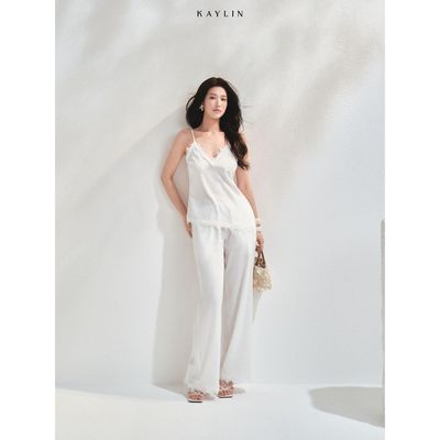 Set KAYLIN Elara áo hai dây phối ren kèm quần suông dài chất vải Linen mềm rũ phong cách gợi cảm BST AURELIA- SET212