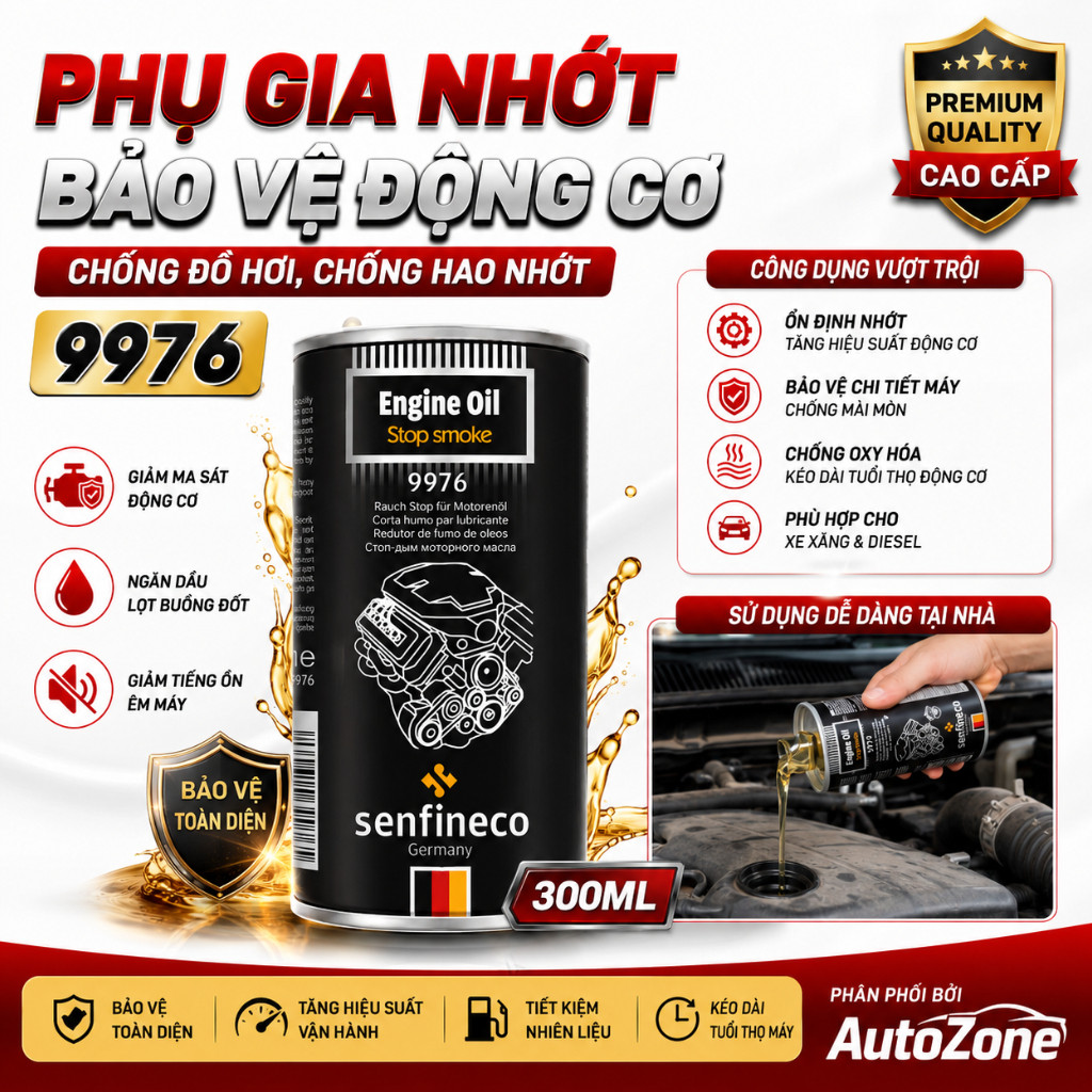 PHỤ GIA ỔN ĐỊNH ĐỘ NHỚT & GIẢM KHÓI ĐỘNG CƠ SENFINECO 9976 ENGINE OIL STOP SMOKE 300ML