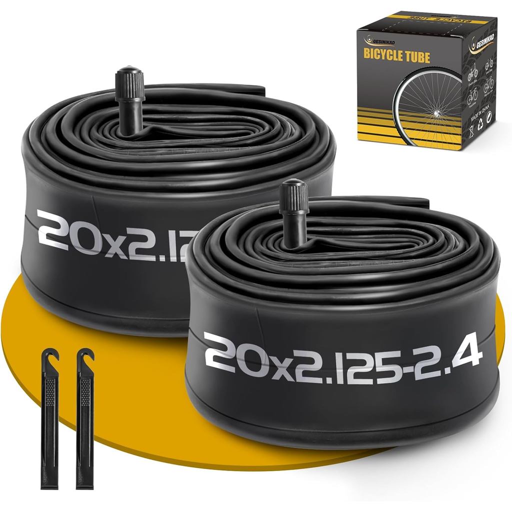 2 chiếc ruột xe đạp 20x2.125-2.4, van Schrader AV32mm, kèm 2 dụng cụ tháo lắp lốp, phù hợp với các k