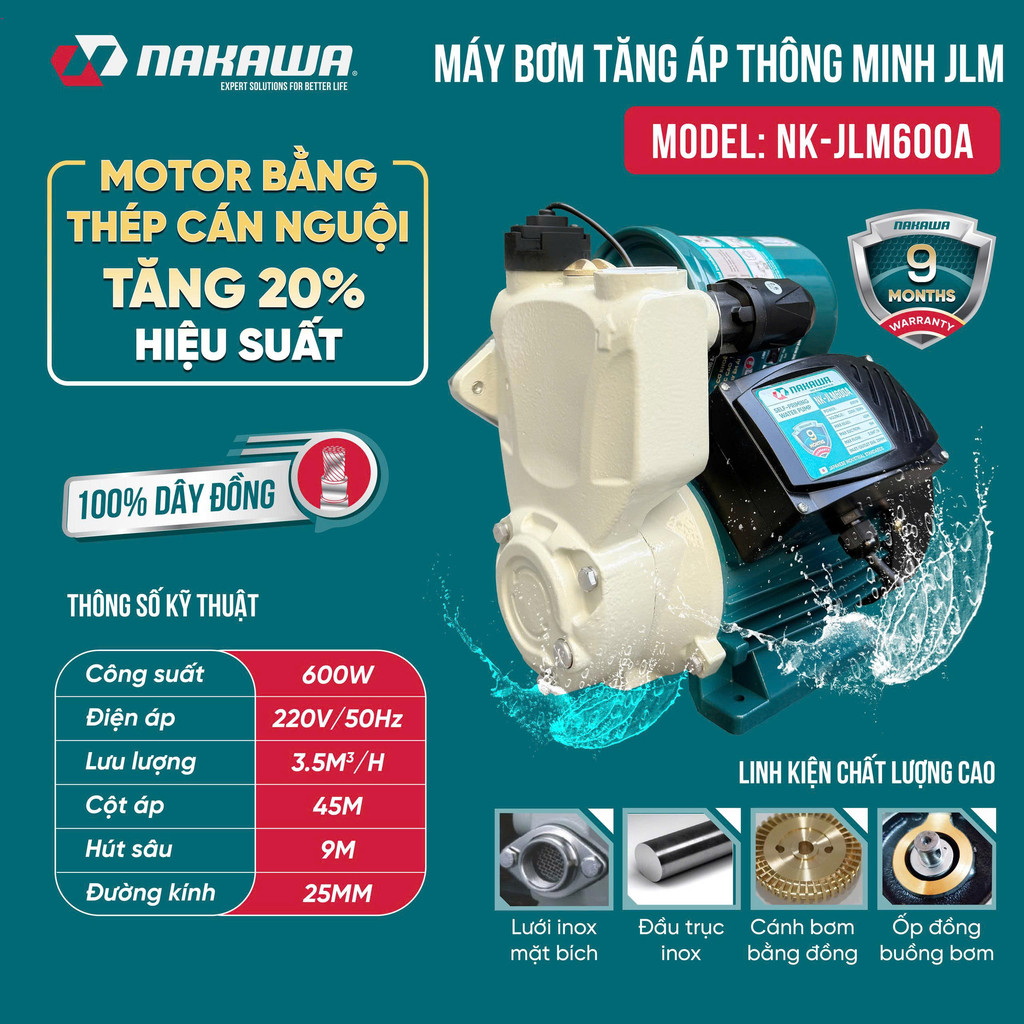 Máy bơm tăng áp NAKAWA - NK-JLM600A  600w ,thông minh gle  điện tử