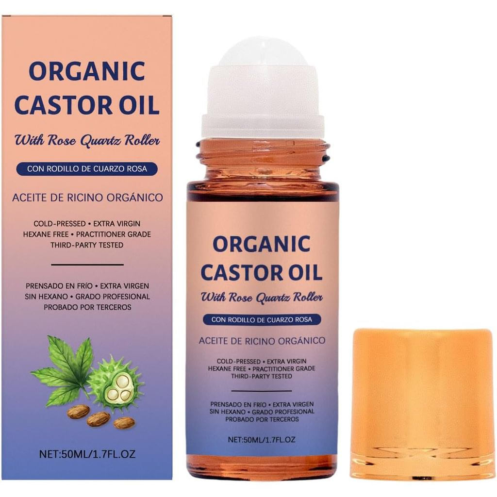 OrganicCastorOilRollOnwithRoseQuartzRoller, 100% PureCold-Pressed & Hexane-FreeforFace, Body & Hair,