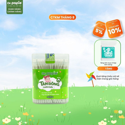 Tăm Bông Xoắn Dẹt 100% Cotton Siêu Mềm, Thân Giấy Bảo Vệ Môi Trường Dr.Papie Dành Cho Bé (200c/hộp)