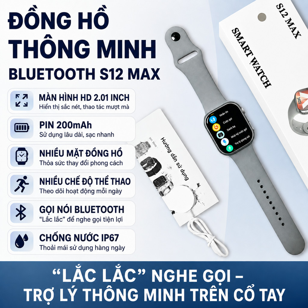 Đồng Hồ S12 MAX Thông Minh Gọi Bluetooth Đếm Bước Thể Thao Dynamic Island Đồng Hồ Đa Năng Nam Nữ Bảo