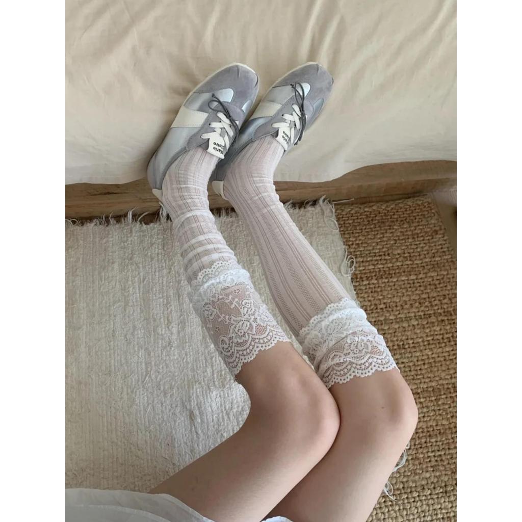 Pure Desire Girly Feel Mùa Hè Mềm Mờ Trắng Ren Over-the-Knee Tất Xuân Hè Mỏng Phong Cách miu Series 