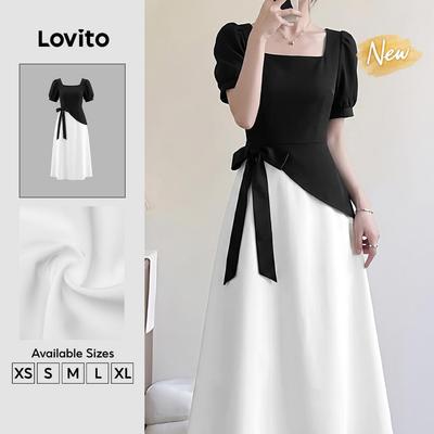 (New Arrival) Lovito Đầm màu đen trắng mùa xuân hè dáng bất đối xứng phong cách thanh lịch LK6ED245