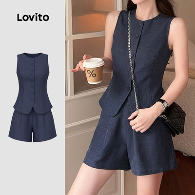 (New Arrival) Lovito Bộ đồ ngắn màu xanh dương đậm mùa xuân/hè thanh lịch với nút cài phong cách thường ngày và cổ điển dành cho phụ nữ LK7ED1410