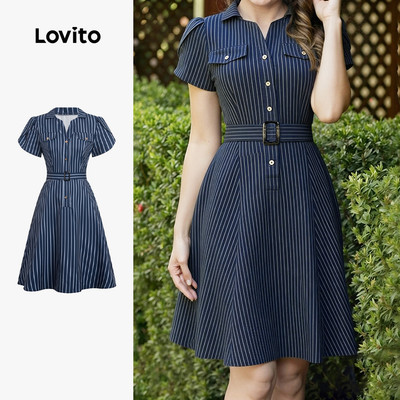 Đầm Lovito phong cách thường ngày có nút phía trước thắt đai mùa xuân/hè màu xanh dương đậm cho nữ LBL35127