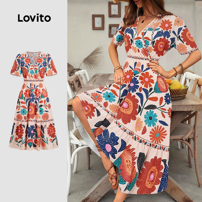 Lovito Đầm nữ xuân hè xếp ly Boho LBL32132