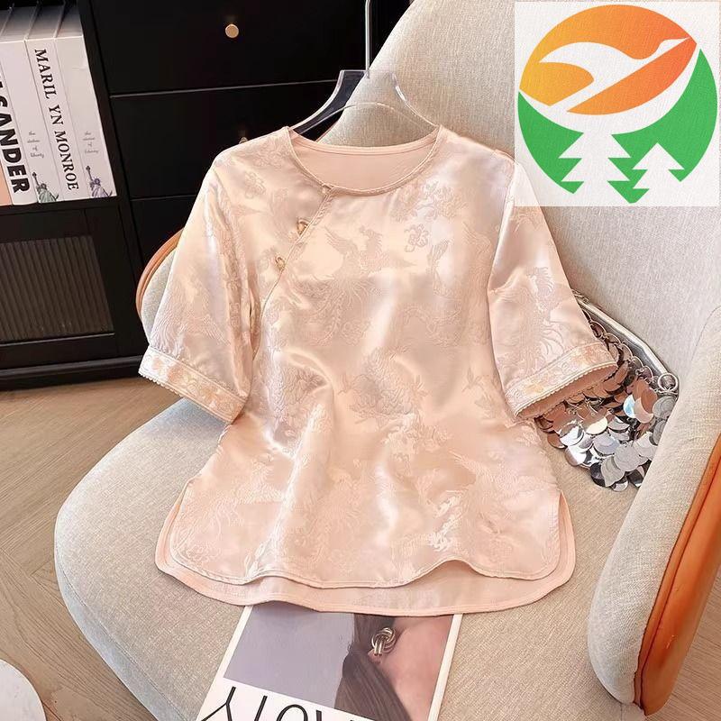Gm1 Chic NUONUO Áo thêu cổ tròn cổ tròn kiểu Trung Quốc hiện đại - Áo thun mùa nắng