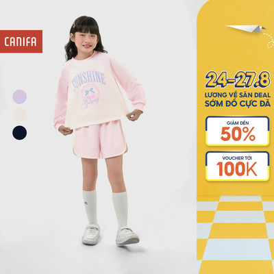 Bộ quần áo bé gái CANIFA áo phông dài tay quần short in họa tiết 1ST25W001