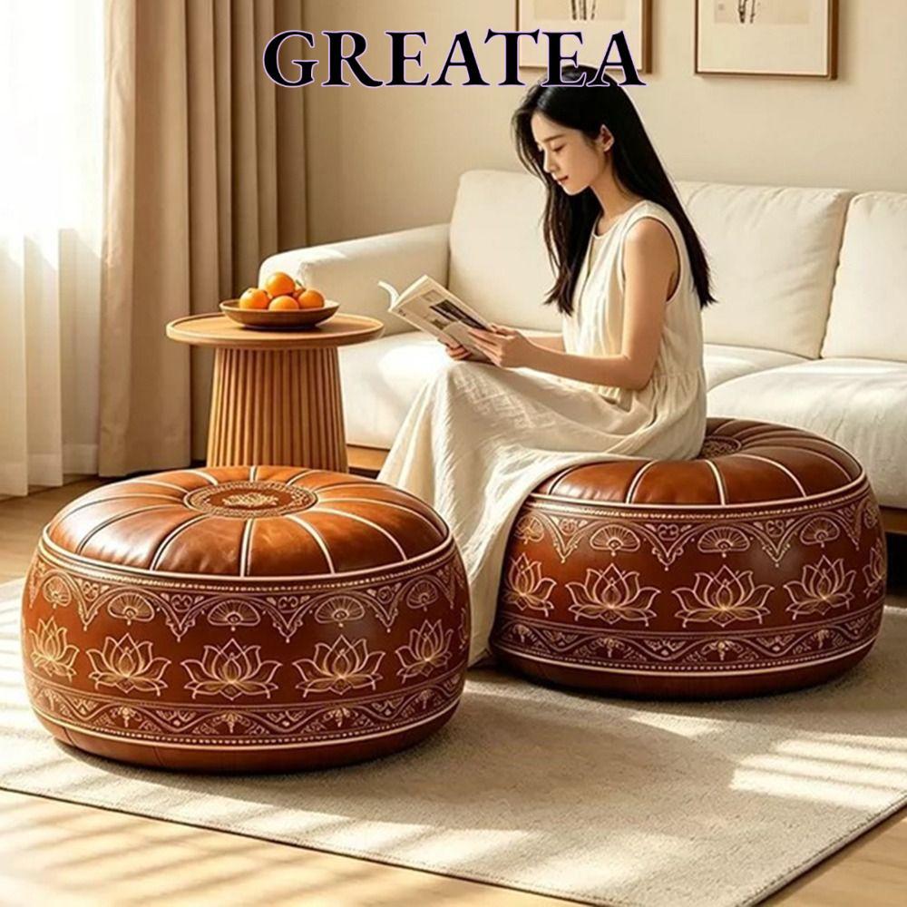 GREATEA Fillable Ottoman Pouf, Da PU Thêu Họa Tiết Lưu Trữ Ottoman, Phong Cách Ma-rốc Hình Tròn Tròn
