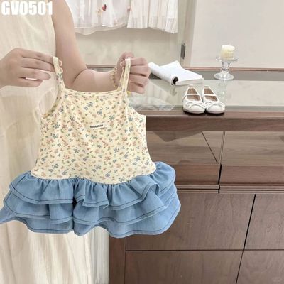 Váy hai dây bé gái MINTSCLOSET thân hoa nhí chân xanh bèo ba tầng GV0501