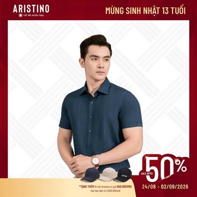Áo Sơ Mi Nam tay ngắn Aristino Regular Fit Bamboo Visco Xanh cổ vịt phom Regular fit ASS020AS3