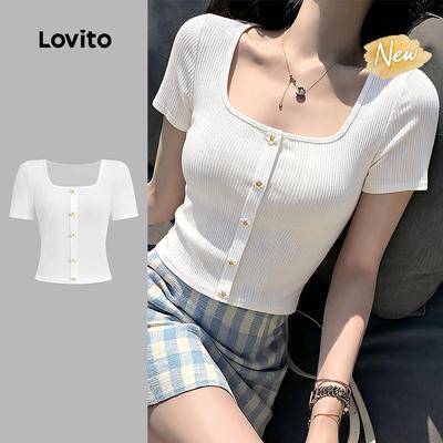 (New Arrival) Lovito Áo thun nữ mùa xuân/hè màu trắng ngà nút cài dáng thanh lịch L199ED504