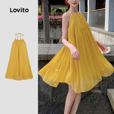 Đầm Lovito Kỳ nghỉ hai lớp hở lưng mùa xuân/hè màu vàng cho nữ L183ED184