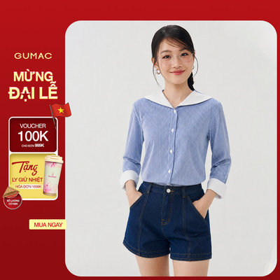 Áo Sơ Mi Nữ GUMAC Sọc Kẻ Form Suông Cổ Thủy Thủ Phối Trắng Tay Dài Măng Sét Bản To Hiện Đại LAG07050