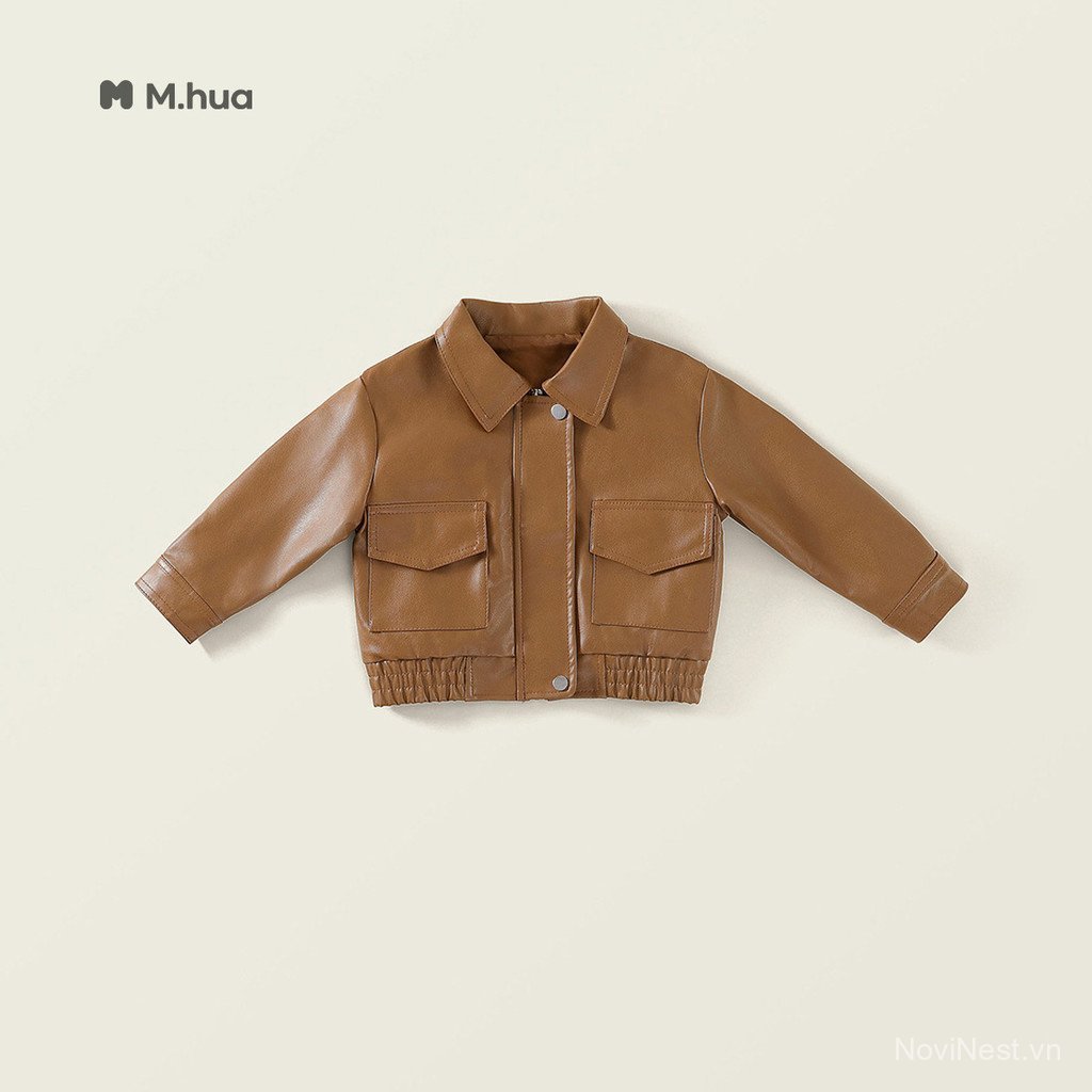 Children's leather jacket for spring and autumn, solid color lapel leather jacket for kids, Korean s
