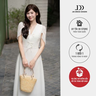 Đầm Xuân Hè Dài Cổ V Tay Choàng Nhún 1S12.2601. Đầm Midi Tơ Tay Sheer Đính Nơ Thanh Lịch Dự Tiệc Nhẹ, Hẹn Hò Thiết Kế JM