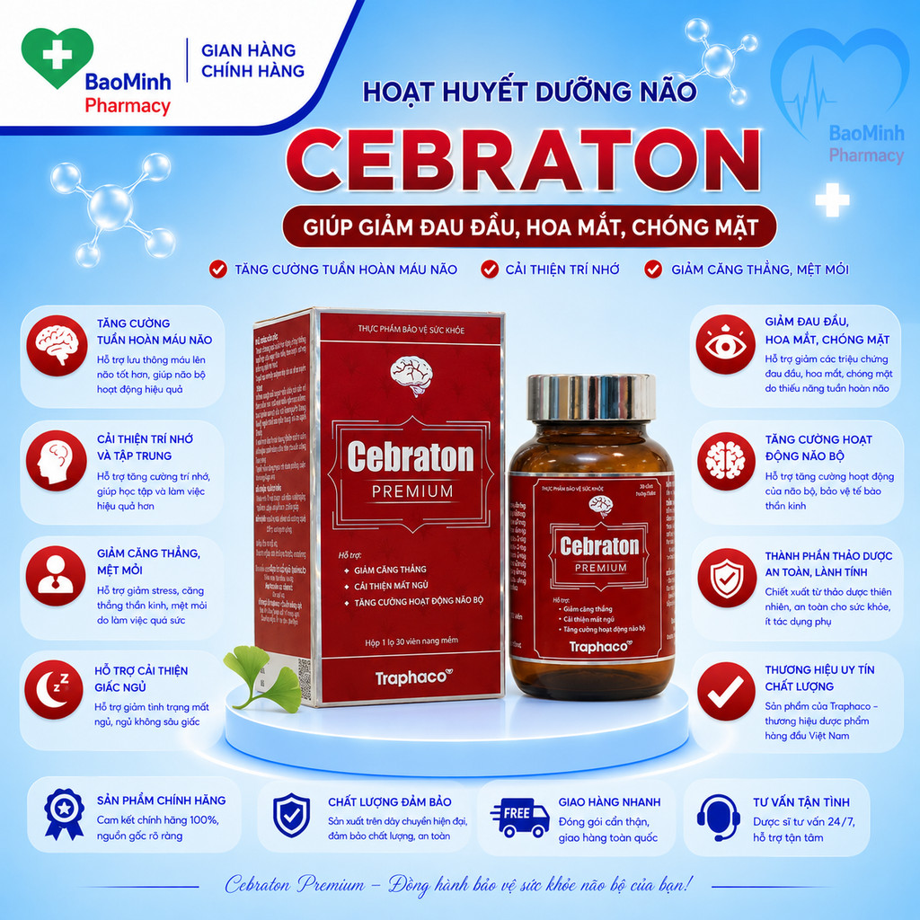 [Chính Hãng] Cebraton Premium Traphaco | Bổ Não, Giảm Căng Thẳng, Đau Đầu, Hỗ Trợ Ngủ Ngon | Hộp 30 