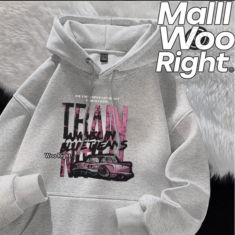 COD Woo Right Áo Hoodie nam màu xám dáng rộng in xe cổ điển Wright Unisex Phong cách đường phố thông