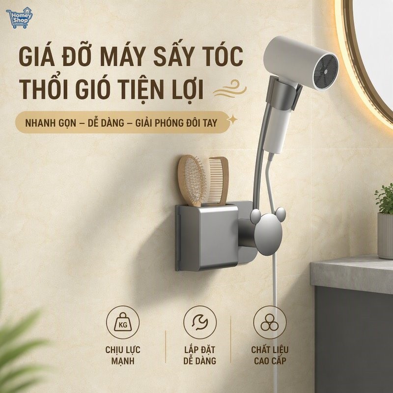 Giá đỡ máy sấy tóc treo tường ABS, lắp đặt không khoan, chịu lực chắc, xoay 360°, chống thấm, tiết k
