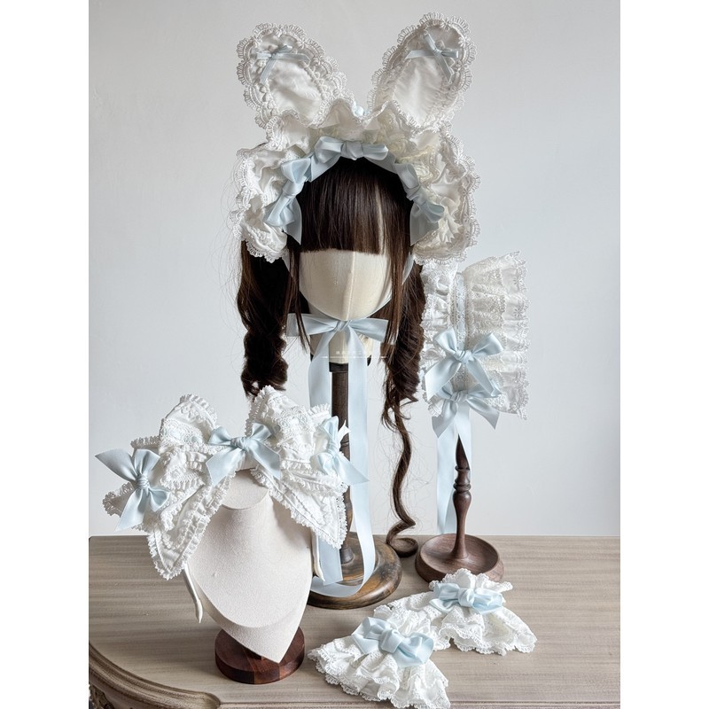 [Cửa hàng mới Miễn phí vận chuyển] Búp bê lolita lolita tai thỏ trắng xanh Bonnet nơ nút thắt Kc tay