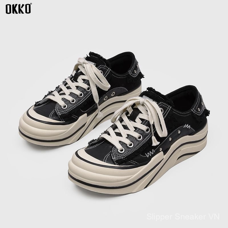 Giày vải OKKO đế dày đinh tán màu đen retro tăng chiều cao nam nữ, thời trang, bền đẹp, giao nhanh