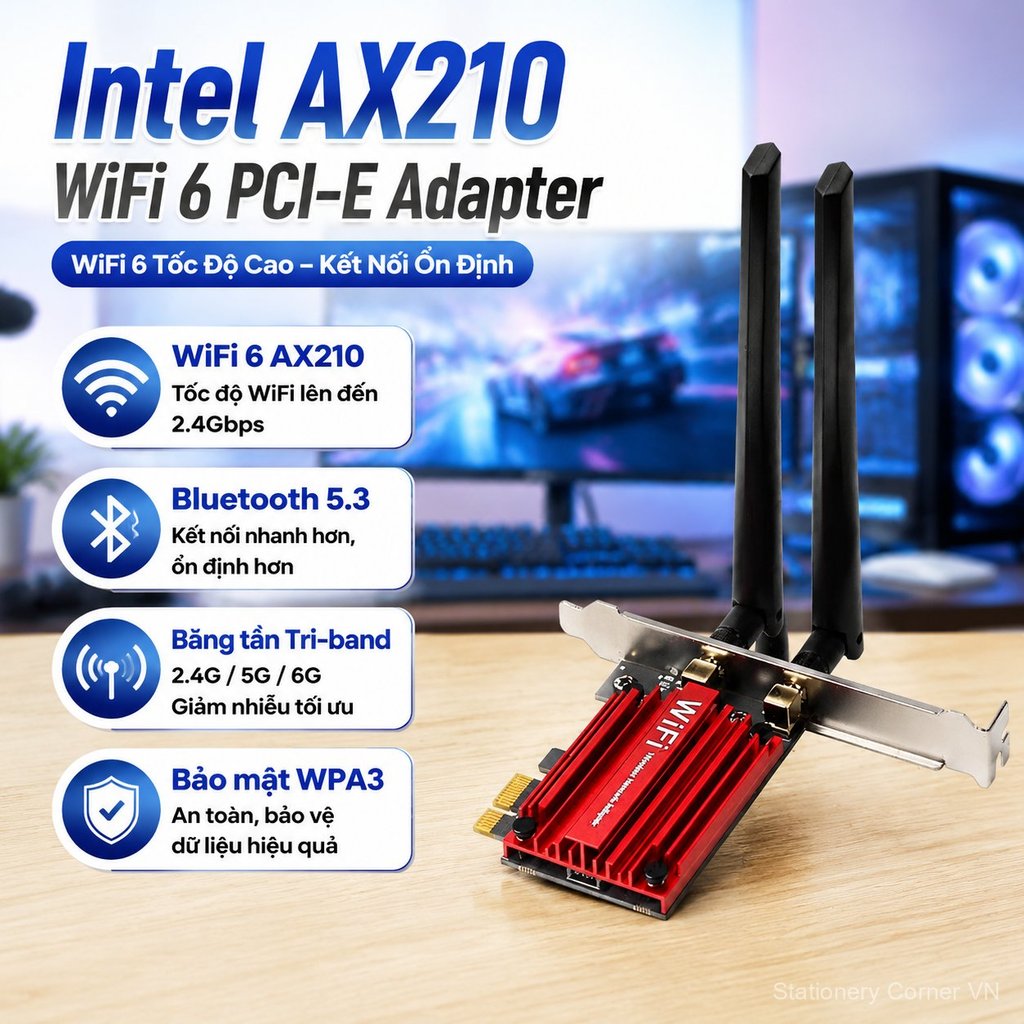 Card mạng WiFi 6 Intel AX210 Bluetooth 5.3 PCIe cho PC, tốc độ 5Gbps ổn định