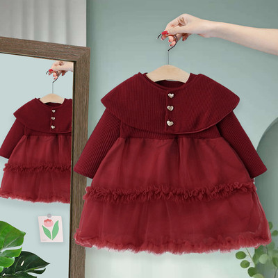 Set Thu Đông Váy Len Tay Dài Voan Choàng Vai Màu Đỏ Bé Gái 1-5 Tuổi MINTSCLOSET Quảng Châu - GS1448