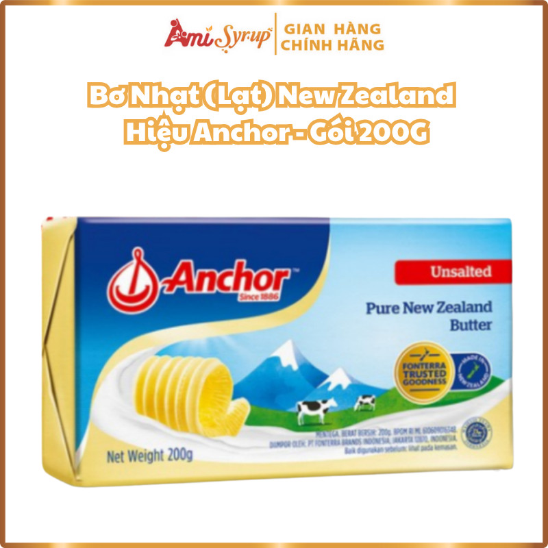 Bơ Nhạt, Bơ Lạt New Zealand Unsalted Butter Hiệu Anchor Gói 200G, Thơm Ngon Dẻo Mịn