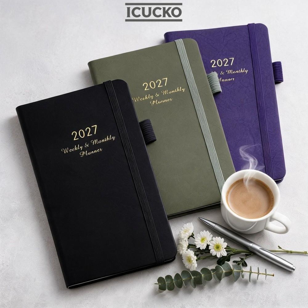 ICUCKO 2027 Planner Notebook, Ribbon Bookmark Leather Planner Hàng tuần, Pen Loop Elastic Band Plani