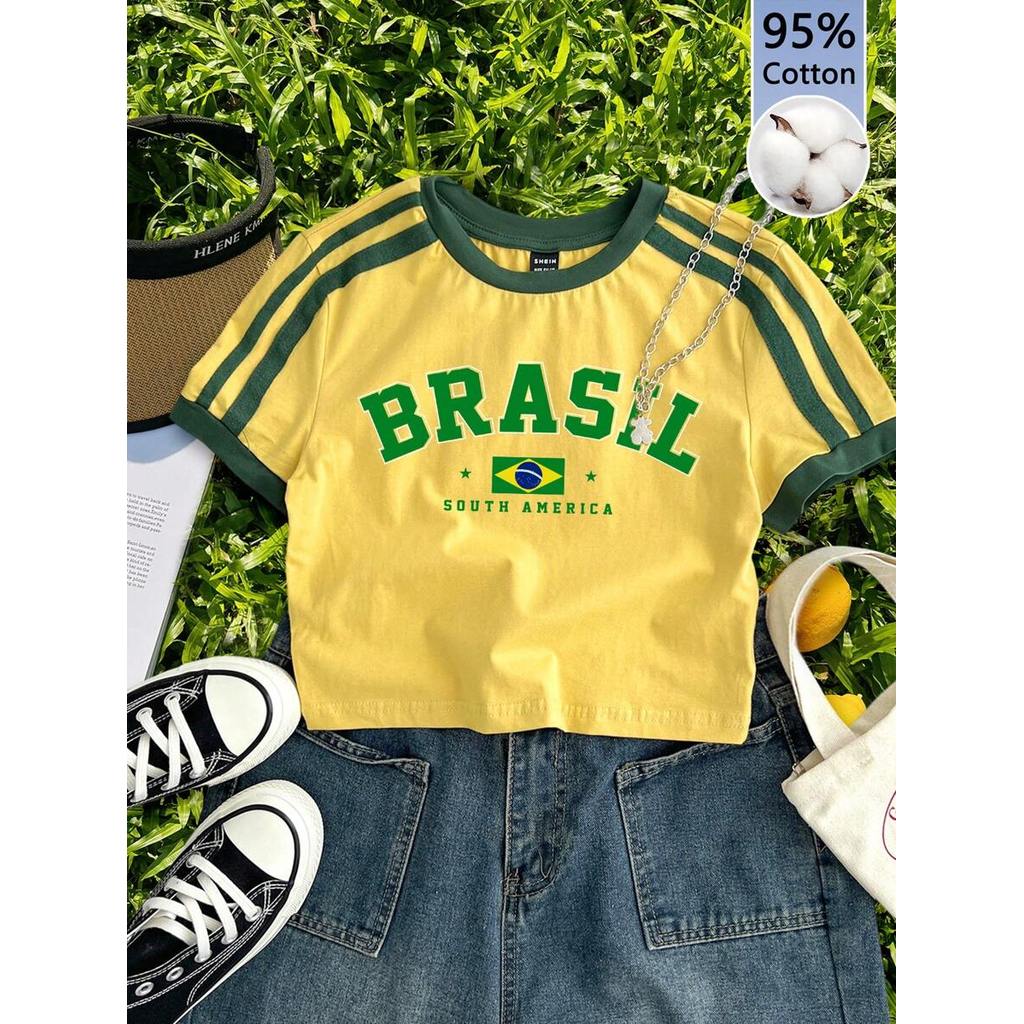 Áo thun nữ ngắn tay dáng ôm croptop họa tiết Brazil phối màu, 95% cotton màu vàng, phong cách street