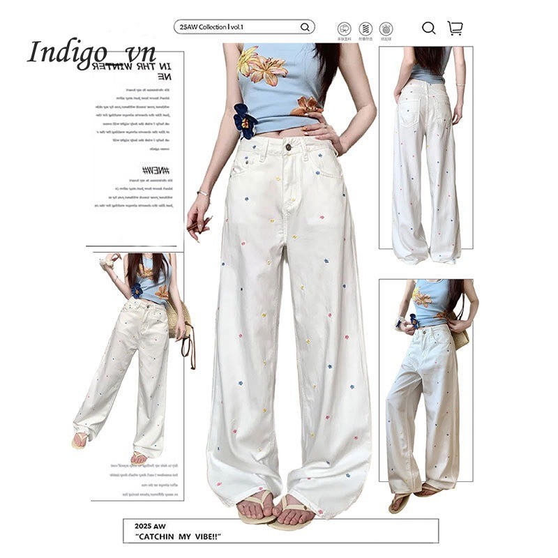 【Indigo】 Quần jean màu trắng thêu hoa nhí, quần ống đứng viền gấu cho nữ