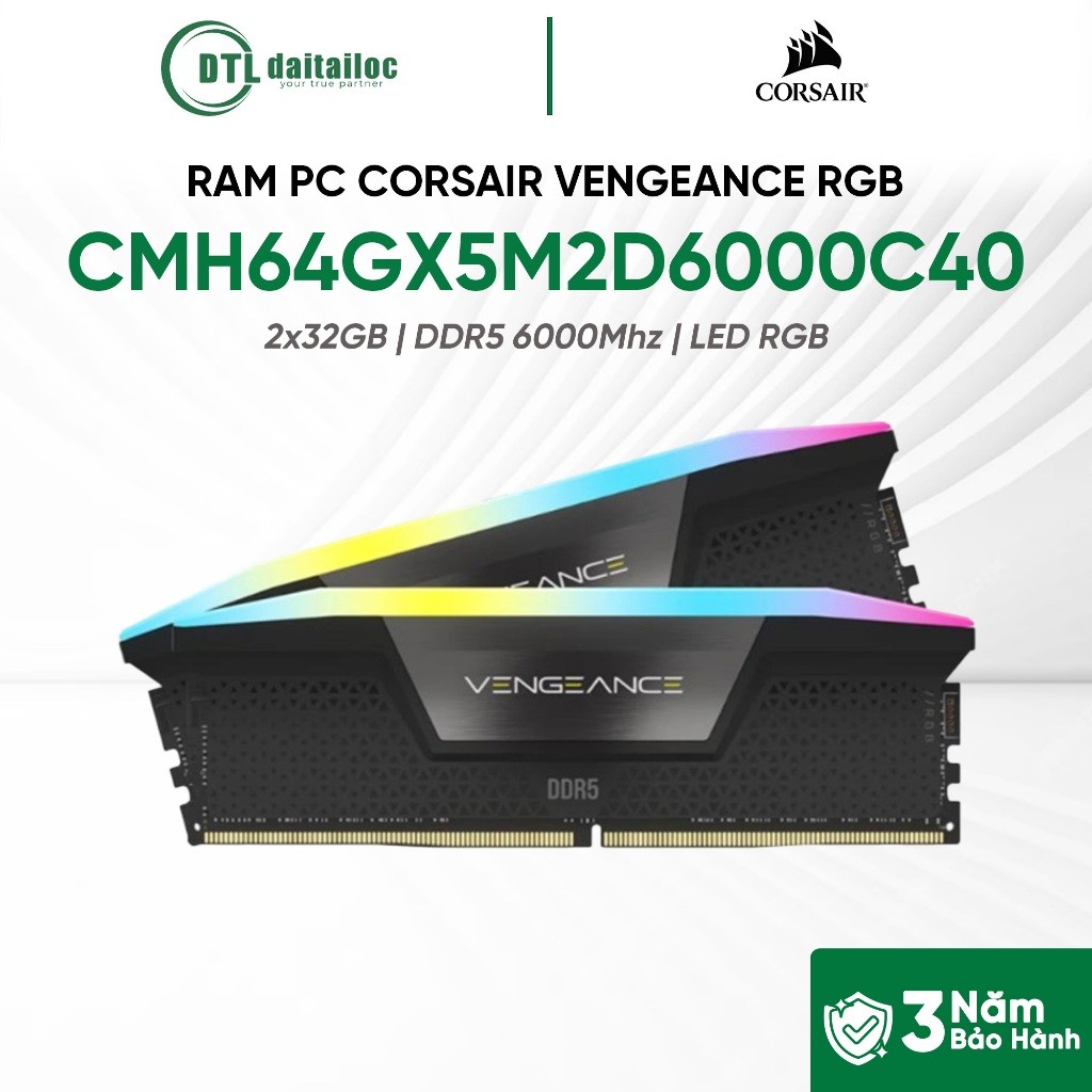 RAM CORSAIR 64GB (2x32GB) VENGEANCE RGB DDR5 6000Mhz (CMH64GX5M2D6000C40) | Chính Hãng | Bảo Hành 36