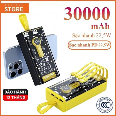 Sạc Dự Phòng 22,5W 30000mAh Trong Suốt Tích Hợp 4 Cổng Sạc Tiện Lợi Sạc Siêu Nhanh Có Đèn LED