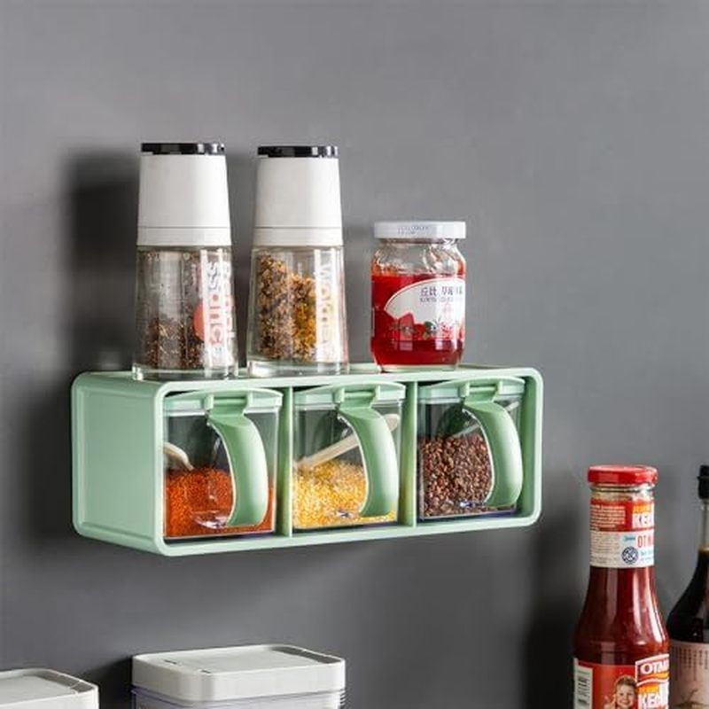 3-Grids Seasoning Box with Tray, Salt Container, Hanging Wall Spice Rack, Kitchen Spice Pot with Spo