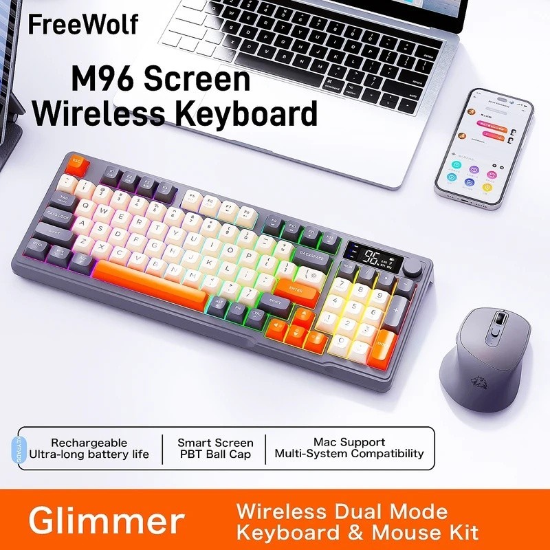 Combo Chuột Bàn Phím Không Dây FREEWOLF M96 Màn Hình Thông Minh RGB Bluetooth 2.4G 4000DPI