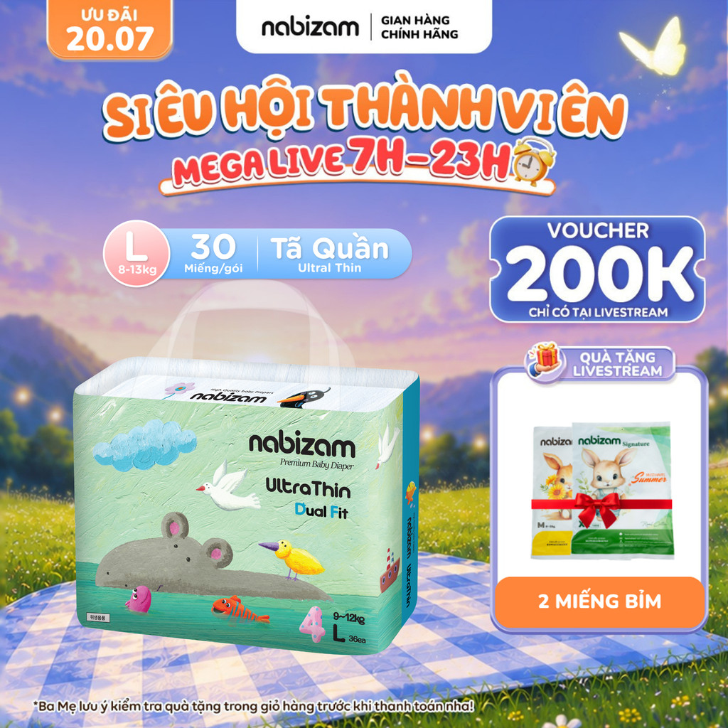 Tã/Bỉm Quần Nabizam Ultra Thin Nội Địa Hàn Cao Cấp Size L Cho Bé Từ 8-13kg, 30 miếng