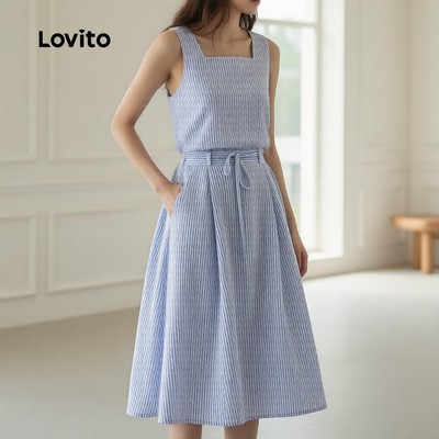 Lovito Phong cách thường ngày Đầm kèm đai túi xanh dương phong cách mùa hè xuân cho nữ L142LD431