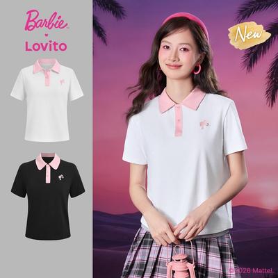 (New Arrival) Barbie™ X Lovito Áo Thun Nữ Trắng Xuân/Hè Tay Ngắn Cổ Nơ Phối Màu Nút Thêu Họa Tiết LBL5AD045