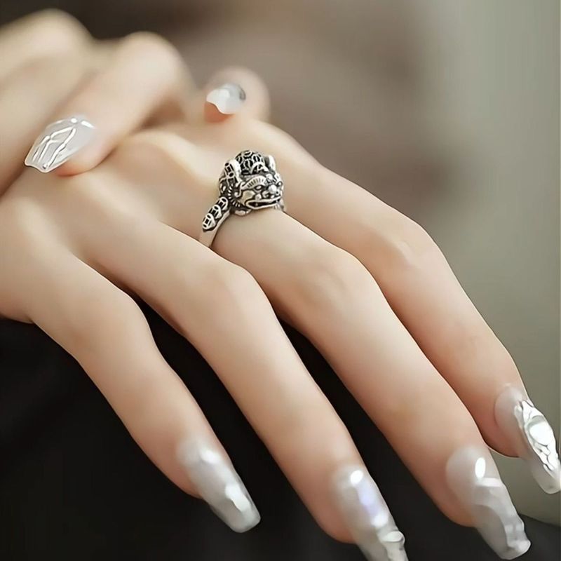 999 Bạc Mạ Bạc May Mắn May Mắn Pixiu Vòng Xoay Retro Mở Rễ Hợp Thời Trang Chỉ Số Ngón Tay Sống Miệng
