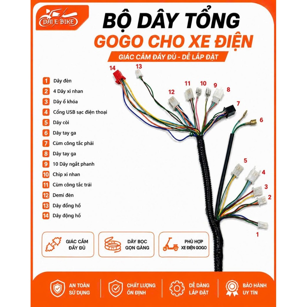 Bộ dây tổng xe điện gogo và vecpa đời mới,đầy đủ chức năng fic sẵn công tắc, dắt cắm cho ic votol cự